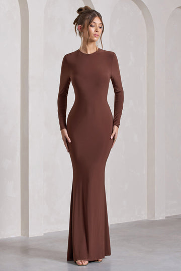 Starring Chocolate Brown Long-Sleeve Backless Maxi Dress